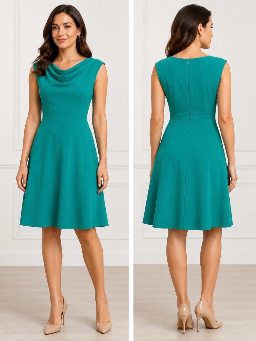 Tahari Arthur S. Levine Petite 4P Teal Cowl Neck Fit & Flare Dress